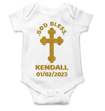 Load image into Gallery viewer, Custom Name And Date God Bless Baptism Christening Day Rompers for Baby Boy- KidsFashionVilla