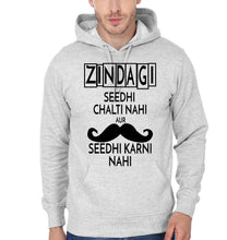 Load image into Gallery viewer, FunkyTradition Zindagi Seedhi Chalti Nahi Aur Mooch Seedhi Karni Nahi Grey Hoodies