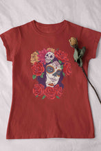 Load image into Gallery viewer, Day Of The Dead Floral Skull Woman Illustration Women Half Sleeves T-shirt- KidsFashionVilla