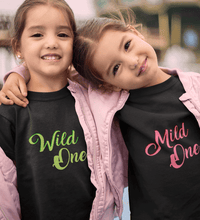 Load image into Gallery viewer, Mild One Wild One' Sister-Sister Kids Half Sleeves T-Shirts -KidsFashionVilla