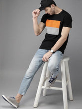 Load image into Gallery viewer, Black Printed Stripe Round Neck Mens Half Sleeves T-shirt- KidsFashionVilla
