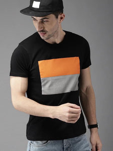 Black Printed Stripe Round Neck Mens Half Sleeves T-shirt- KidsFashionVilla