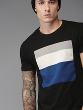 Load image into Gallery viewer, Black Printed Stripe Round Neck Mens Half Sleeves T-shirt- KidsFashionVilla
