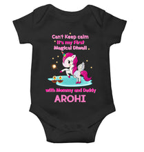 Load image into Gallery viewer, Custom Name Cant Keep Calm Its My First Diwali With Mumma Daddy Rompers for Baby Girl- KidsFashionVilla
