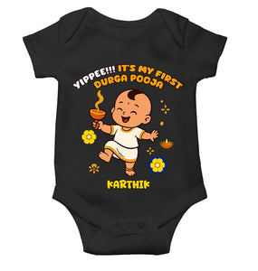 Custom Name Yippee It Is My First Durga Pooja Rompers for Baby Boy- KidsFashionVilla