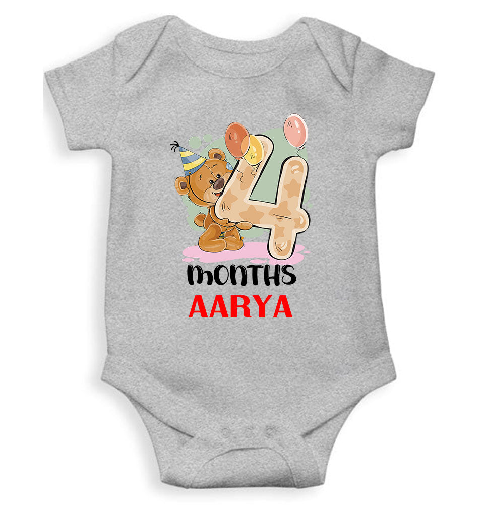Custom Name 4 Month Birthday Teddy Design Rompers for Baby Girl- KidsFashionVilla