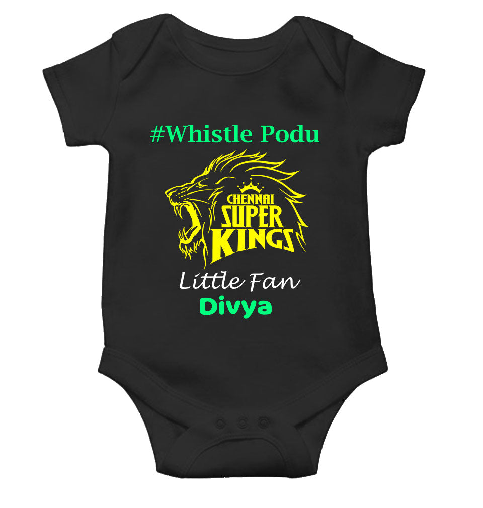 Custom Name IPL CSK Chennai Super Kings Whistle Podu Rompers for Baby Girl- KidsFashionVilla
