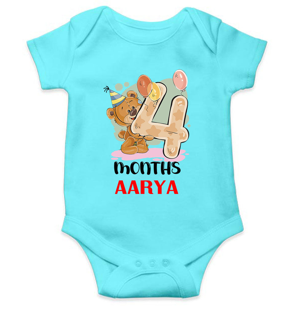 Custom Name 4 Month Birthday Teddy Design Rompers for Baby Girl- KidsFashionVilla