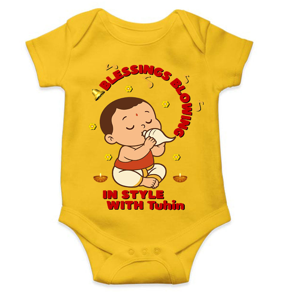 Custom Name Blessing Blowing In Style With Durga Puja Rompers for Baby Boy- KidsFashionVilla