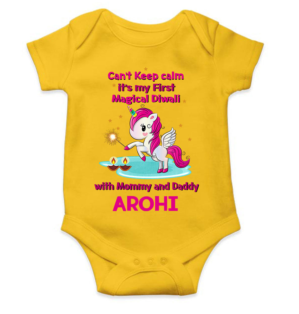 Custom Name Cant Keep Calm Its My First Diwali With Mumma Daddy Rompers for Baby Girl- KidsFashionVilla