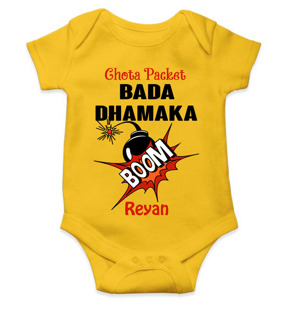 Custom Name Chota Packet Bada Dhamaka Diwali Rompers for Baby Boy- KidsFashionVilla