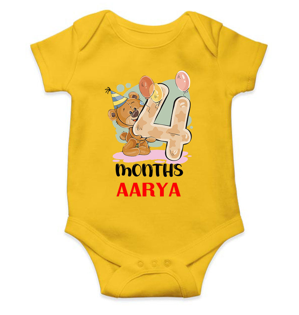 Custom Name 4 Month Birthday Teddy Design Rompers for Baby Girl- KidsFashionVilla