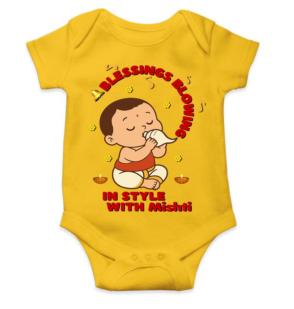 Custom Name Blessing Blowing In Style With Durga Puja Rompers for Baby Girl- KidsFashionVilla