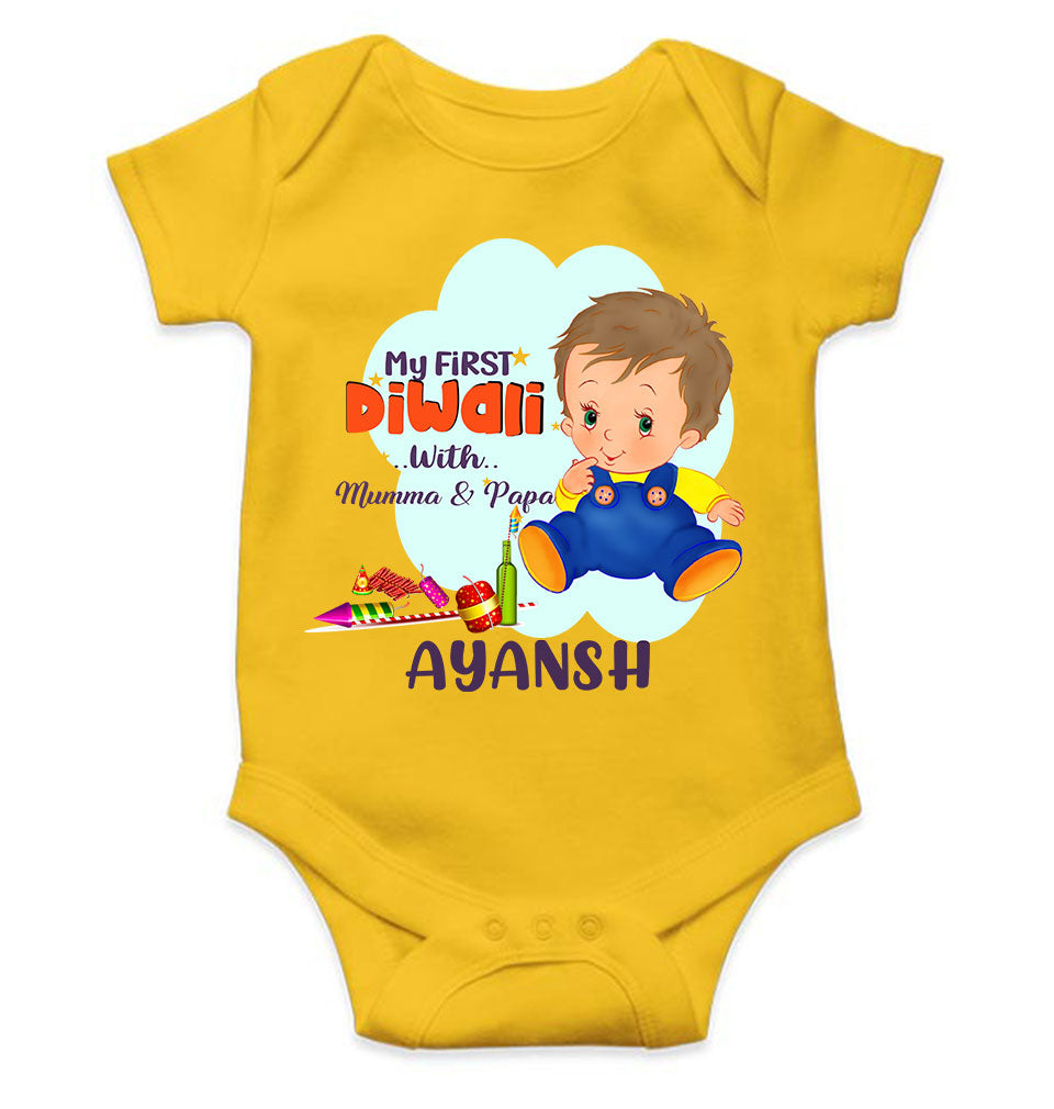 Custom Name My First Diwali With Mumma Papa Rompers for Baby Boy- KidsFashionVilla