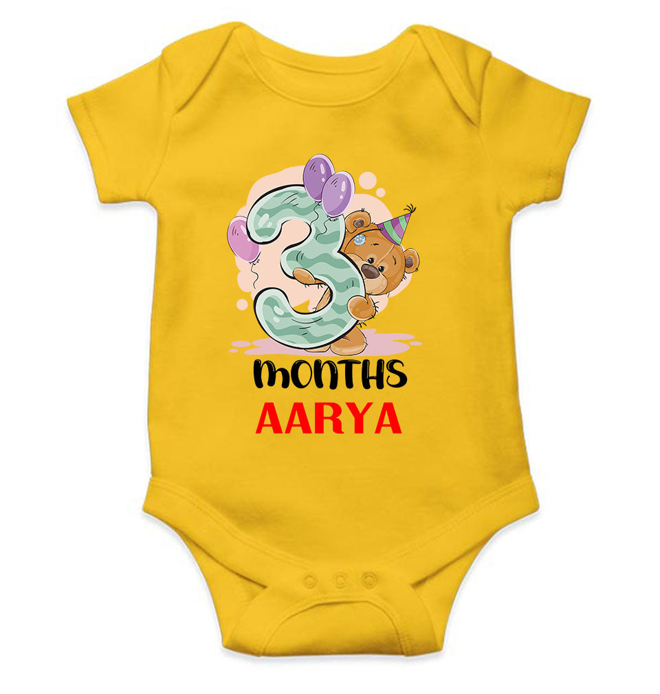 Custom Name 3 Month Birthday Teddy Design Rompers for Baby Girl- KidsFashionVilla