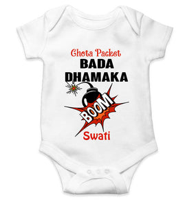Custom Name Chota Packet Bada Dhamaka Diwali Rompers for Baby Girl- KidsFashionVilla