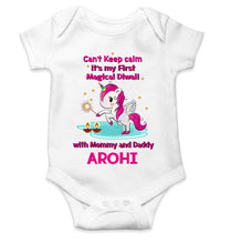 Load image into Gallery viewer, Custom Name Cant Keep Calm Its My First Diwali With Mumma Daddy Rompers for Baby Girl- KidsFashionVilla

