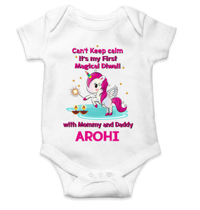 Custom Name Cant Keep Calm Its My First Diwali With Mumma Daddy Rompers for Baby Girl- KidsFashionVilla