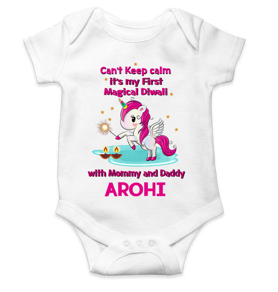 Custom Name Cant Keep Calm Its My First Diwali With Mumma Daddy Rompers for Baby Girl- KidsFashionVilla