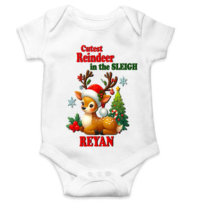 Custom Name Cutest Reindeer In The Sleigh Christmas Rompers for Baby Boy- KidsFashionVilla