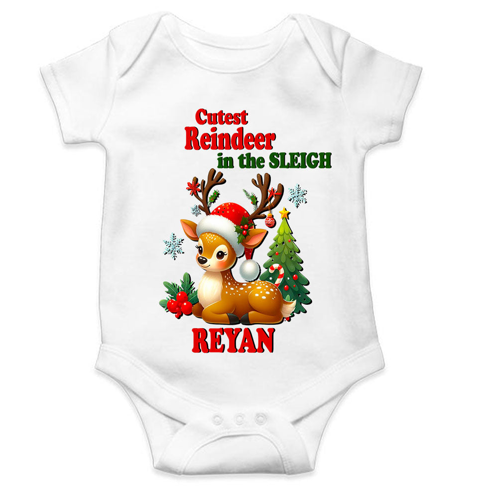 Custom Name Cutest Reindeer In The Sleigh Christmas Rompers for Baby Boy- KidsFashionVilla