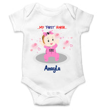 Load image into Gallery viewer, Custom Name My First Rakhi Dress Rompers for Baby Girl- KidsFashionVilla
