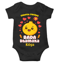 Load image into Gallery viewer, Custom Name Chhota Packet Baada Dhamaka Diwali Rompers for Baby Girl- KidsFashionVilla
