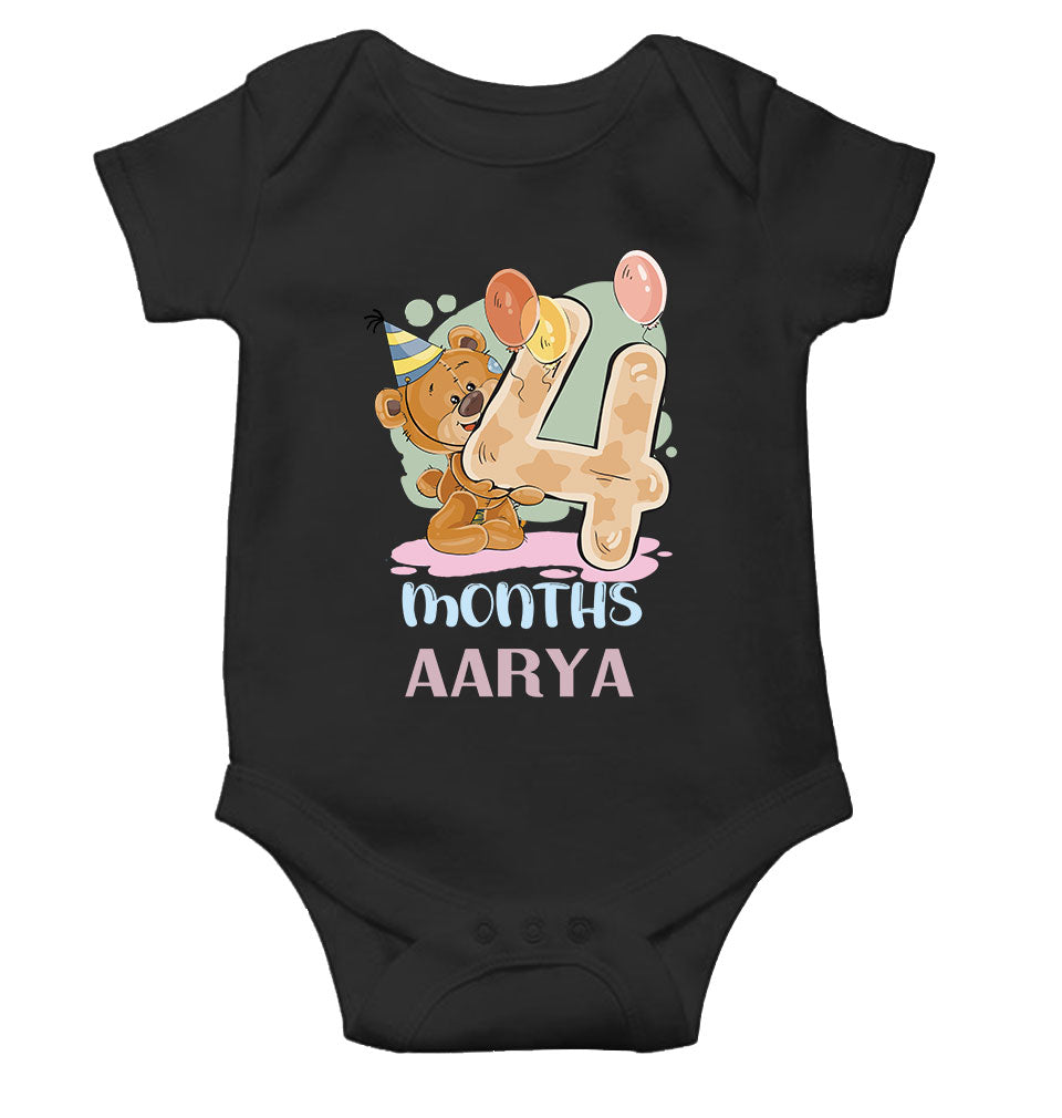 Custom Name 4 Month Birthday Teddy Design Rompers for Baby Girl- KidsFashionVilla
