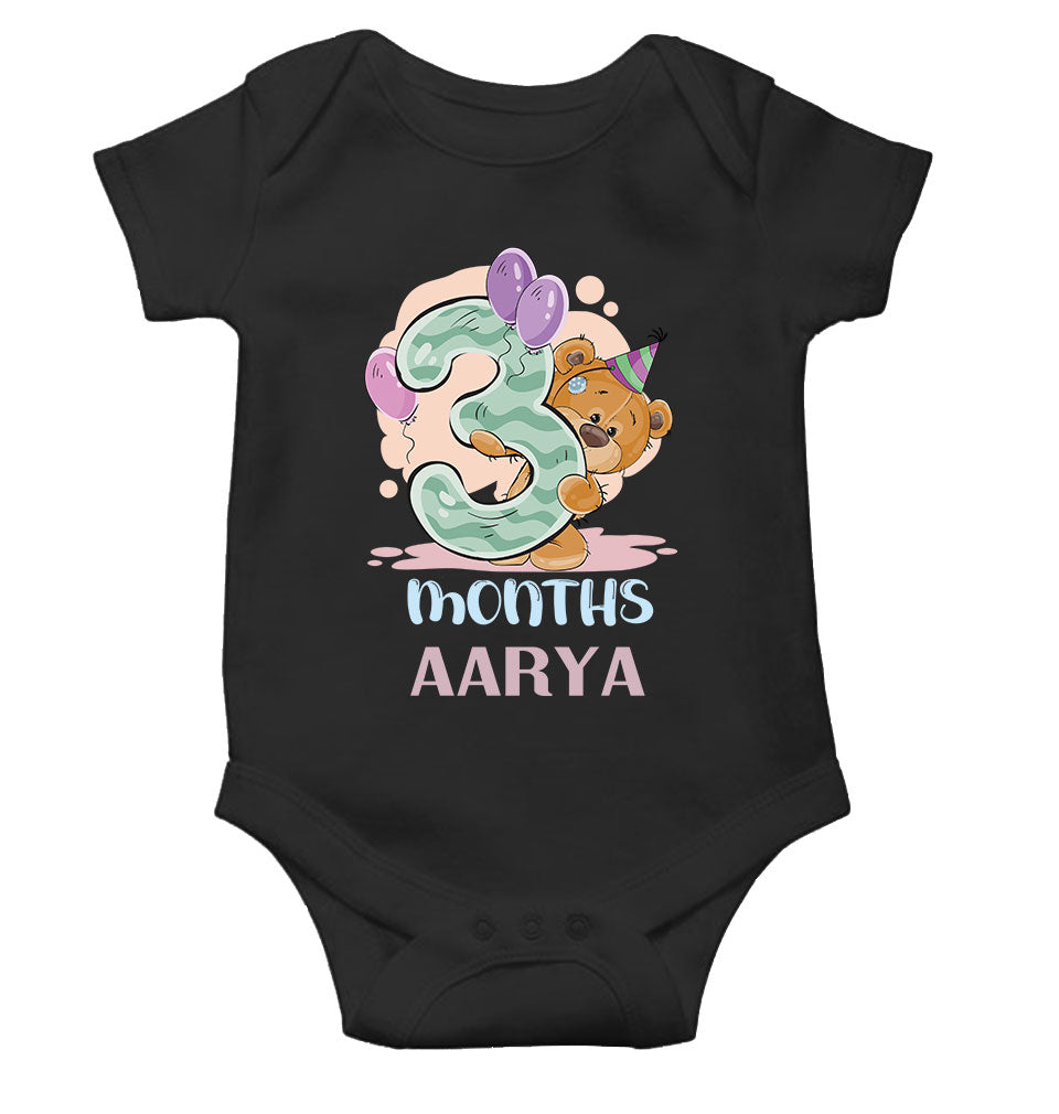 Custom Name 3 Month Birthday Teddy Design Rompers for Baby Girl- KidsFashionVilla