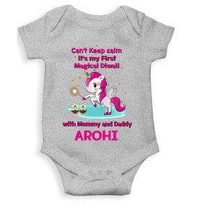 Custom Name Cant Keep Calm Its My First Diwali With Mumma Daddy Rompers for Baby Girl- KidsFashionVilla