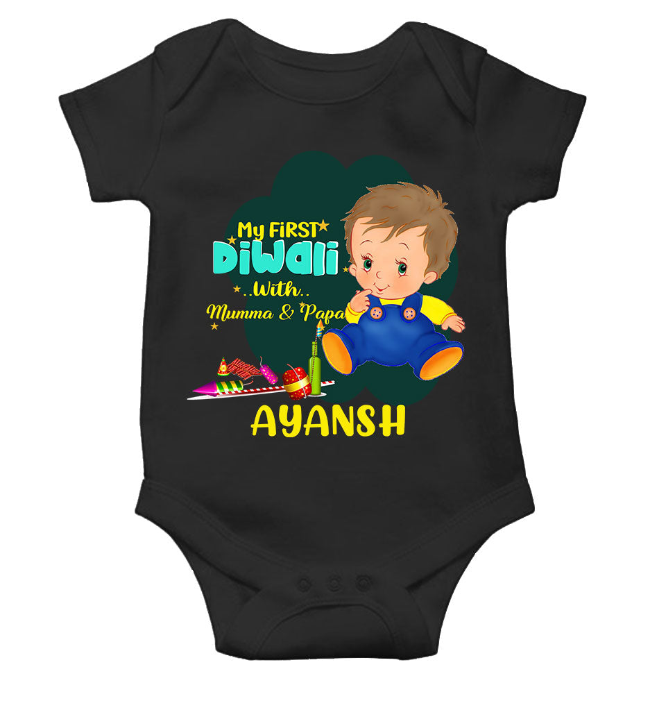 Custom Name My First Diwali With Mumma Papa Rompers for Baby Boy- KidsFashionVilla
