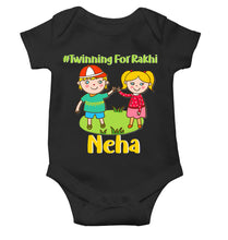 Load image into Gallery viewer, Custom Name Twinning For Rakhi Raksha Bandhan Rompers for Baby Girl- KidsFashionVilla
