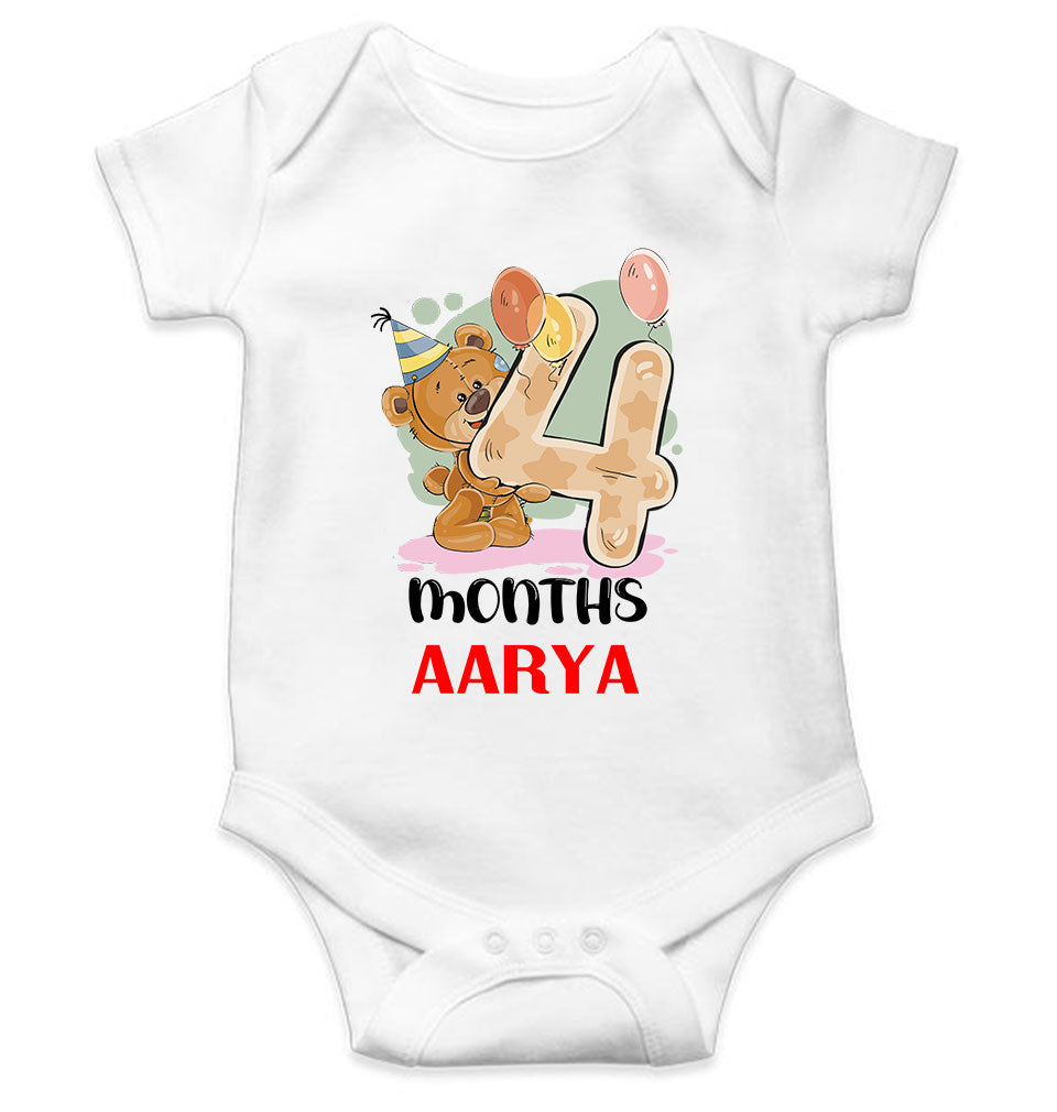 Custom Name 4 Month Birthday Teddy Design Rompers for Baby Girl- KidsFashionVilla