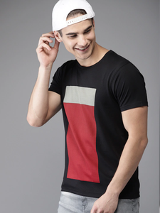 Black Printed Stripe Minimal Round Neck Mens Half Sleeves T-shirt- KidsFashionVilla