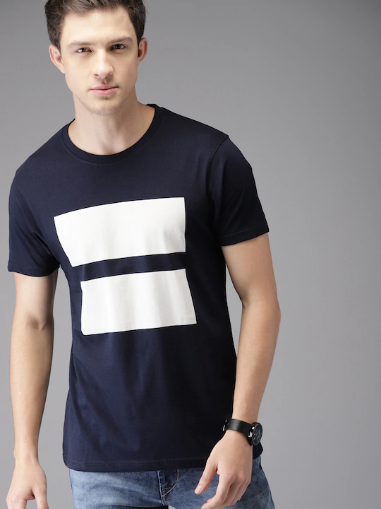 Navy Blue Printed Stripe Round Neck Mens Half Sleeves T-shirt- KidsFashionVilla