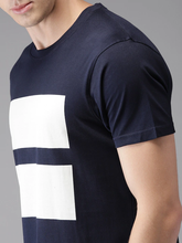 Load image into Gallery viewer, Navy Blue Printed Stripe Round Neck Mens Half Sleeves T-shirt- KidsFashionVilla
