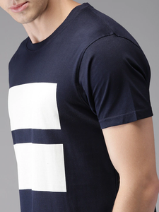 Navy Blue Printed Stripe Round Neck Mens Half Sleeves T-shirt- KidsFashionVilla