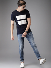 Load image into Gallery viewer, Navy Blue Printed Stripe Round Neck Mens Half Sleeves T-shirt- KidsFashionVilla

