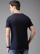 Load image into Gallery viewer, Navy Blue Printed Stripe Round Neck Mens Half Sleeves T-shirt- KidsFashionVilla
