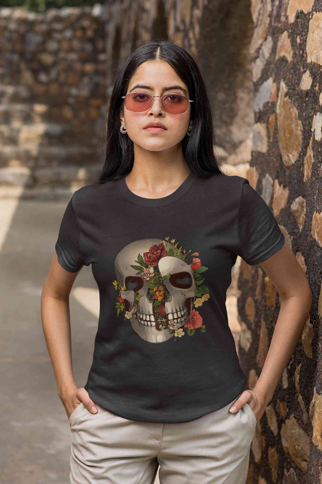 Floral And  Skull Print Women Half Sleeves T-shirt- KidsFashionVilla