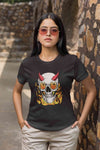 A Horned Skull In Flames Women Half Sleeves T-shirt- KidsFashionVilla