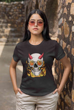 Load image into Gallery viewer, A Horned Skull In Flames Women Half Sleeves T-shirt- KidsFashionVilla
