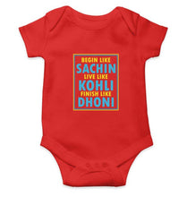 Load image into Gallery viewer, Cricket Begin Like Sachin Live Like Kohli Finish Like Dhoni Rompers for Baby Girl- FunkyTradition FunkyTradition
