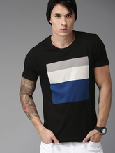 Load image into Gallery viewer, Black Printed Stripe Round Neck Mens Half Sleeves T-shirt- KidsFashionVilla
