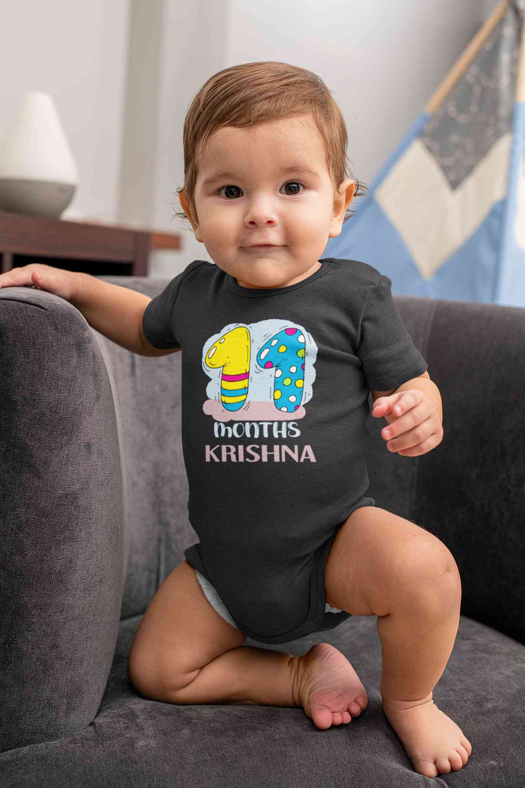 Custom Name 11 Month Birthday Teddy Design Rompers for Baby Boy- KidsFashionVilla