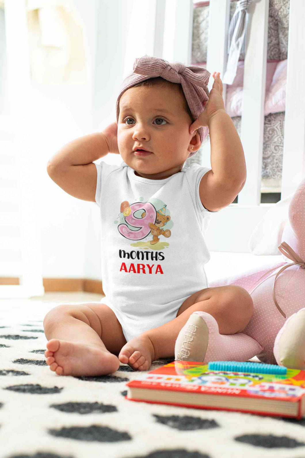 Custom Name 9 Month Birthday Teddy Design Rompers for Baby Girl- KidsFashionVilla