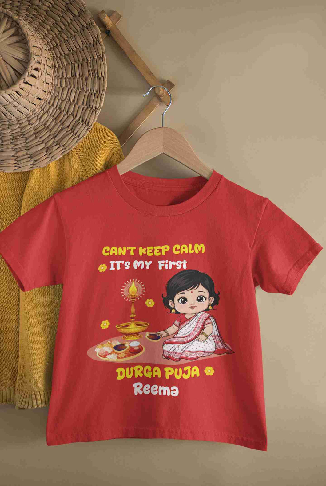 Custom Name Can Not Keep Calm Its Time For Durga Pooja Half Sleeves T-Shirt For Girls -KidsFashionVilla