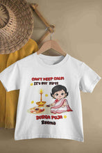 Load image into Gallery viewer, Custom Name Can Not Keep Calm Its Time For Durga Pooja Half Sleeves T-Shirt For Girls -KidsFashionVilla
