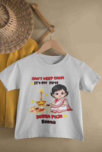 Custom Name Can Not Keep Calm Its Time For Durga Pooja Half Sleeves T-Shirt For Girls -KidsFashionVilla