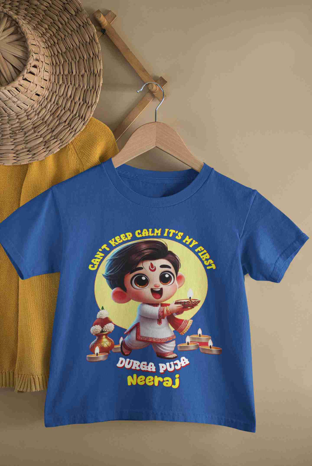 Custom Name Can Not Keep Calm It Is My First Durga Puja Half Sleeves T-Shirt for Boy-KidsFashionVilla